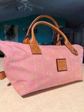 RARE Dooney & Bourke Pink Logo Satchel/Shoulder Bag with Tan Leather Trim